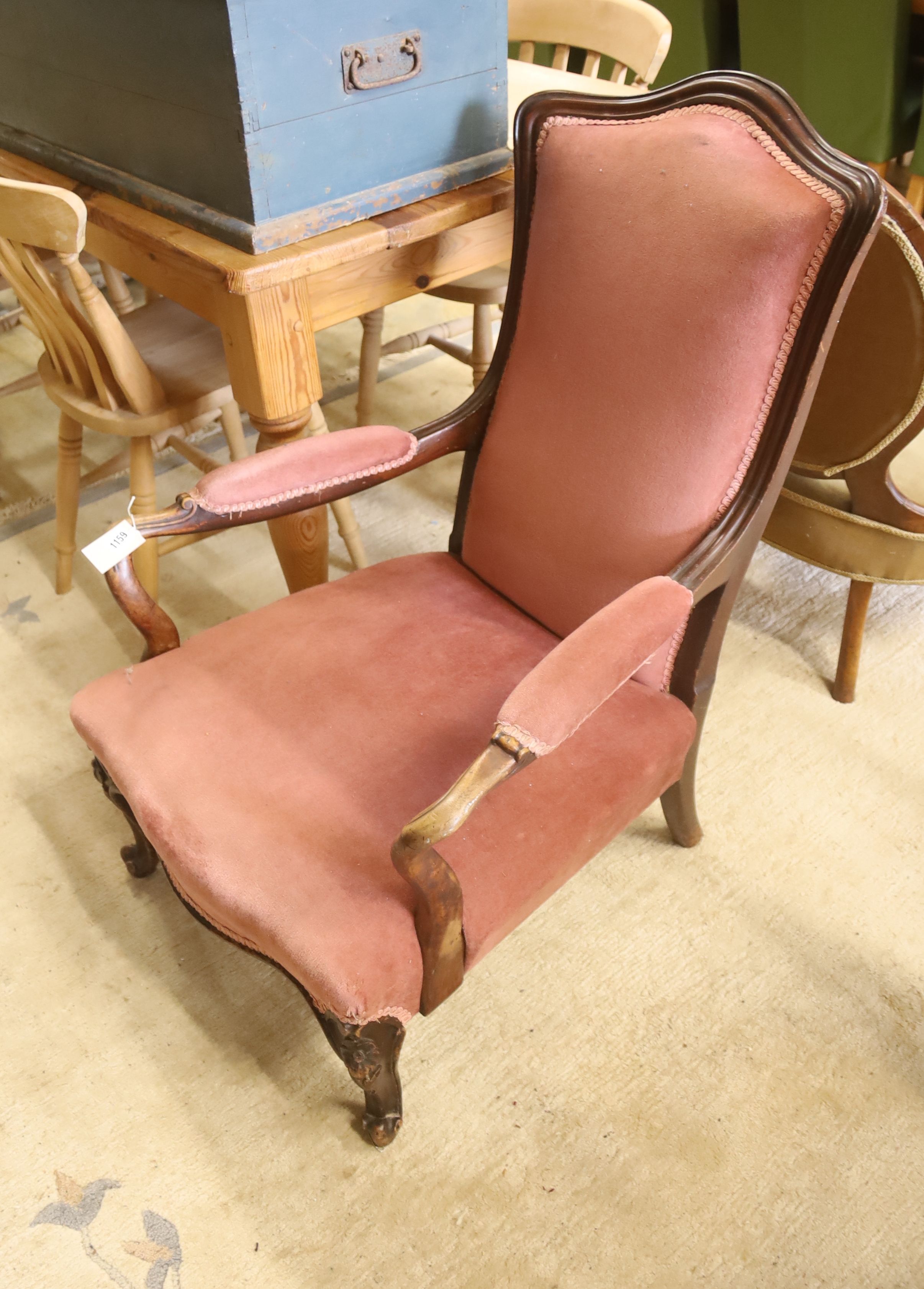 A Victorian mahogany open armchair, width 60cm, depth 80cm, height 93cm